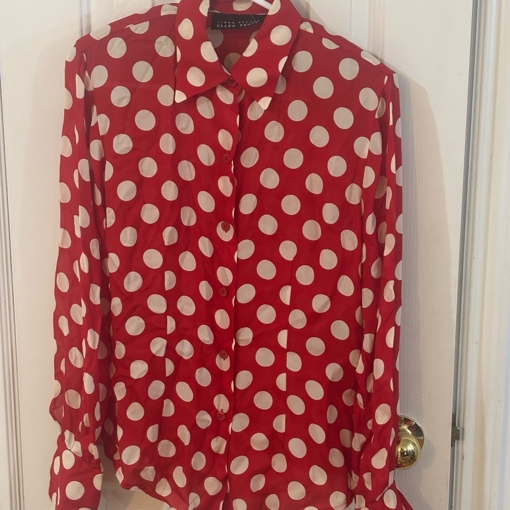 100 % silk red with white polka dots button up 90s